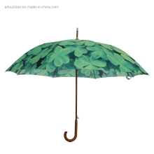 Wooden Shaft and Wood Curve Handle Custom Made Plant Full Printing Auto Open Stick Straight Umbrellas